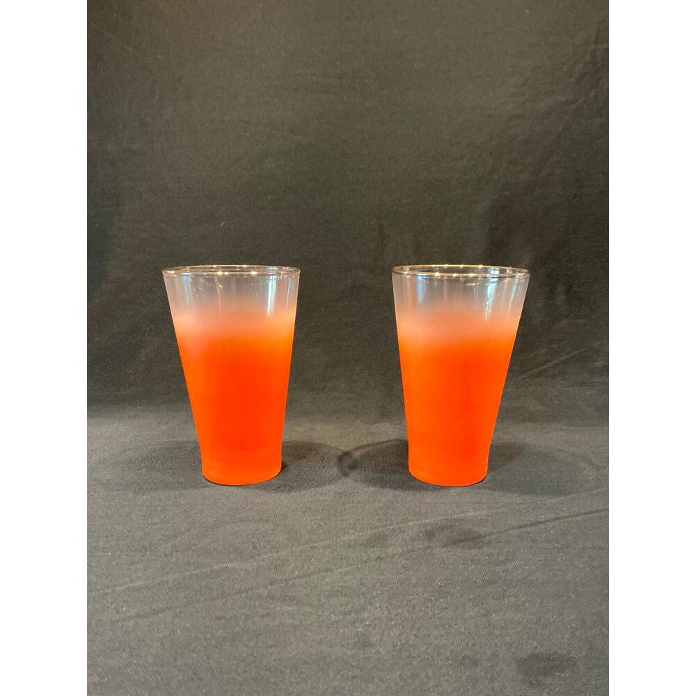 Vintage Blendo Frosted Glass 12oz Tumblers Orange Gold Rim Retro 60's MCM Set 2